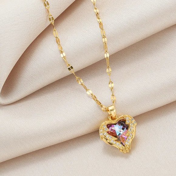 Jewelry - Heart Shape Pendant Necklace Simulated Amethyst & Crystals 15-17 Inches  NEW